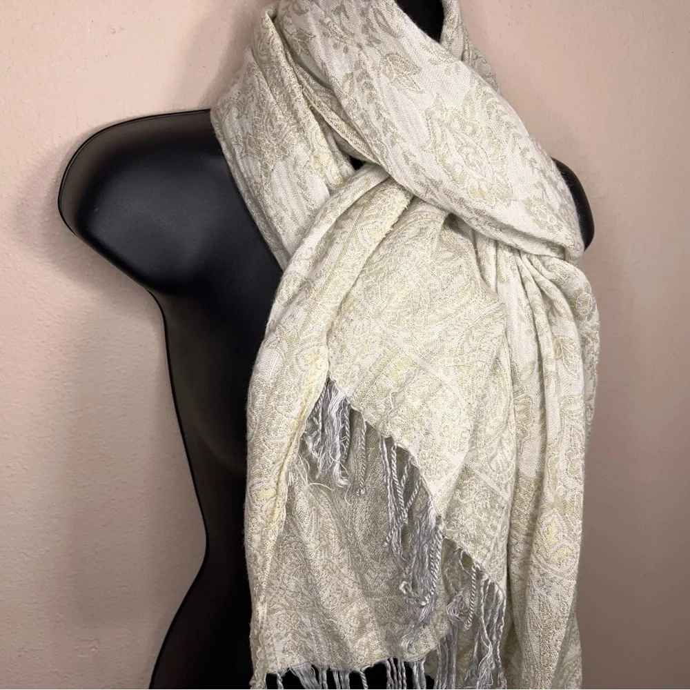 Ivory Cream Scarf Paisley Floral Fringe Accent Wrap Made In India Boho Bohemian
